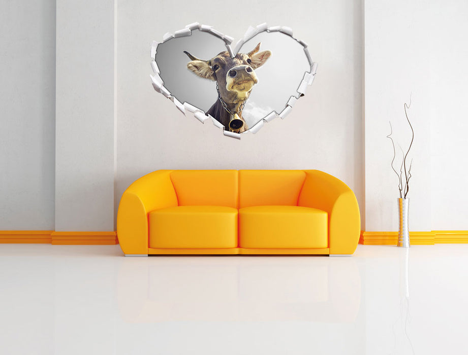 Lustiges Portrait einer Kuh B&W 3D Wandtattoo Herz Wand