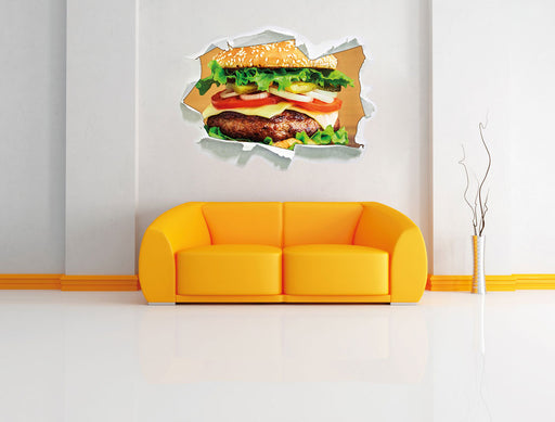 Köstlicher Burger auf Holztisch 3D Wandtattoo Papier Wand
