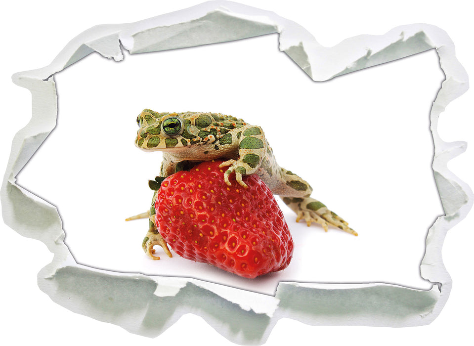 Kleiner Frosch sitzt auf Erdbeere  3D Wandtattoo Papier