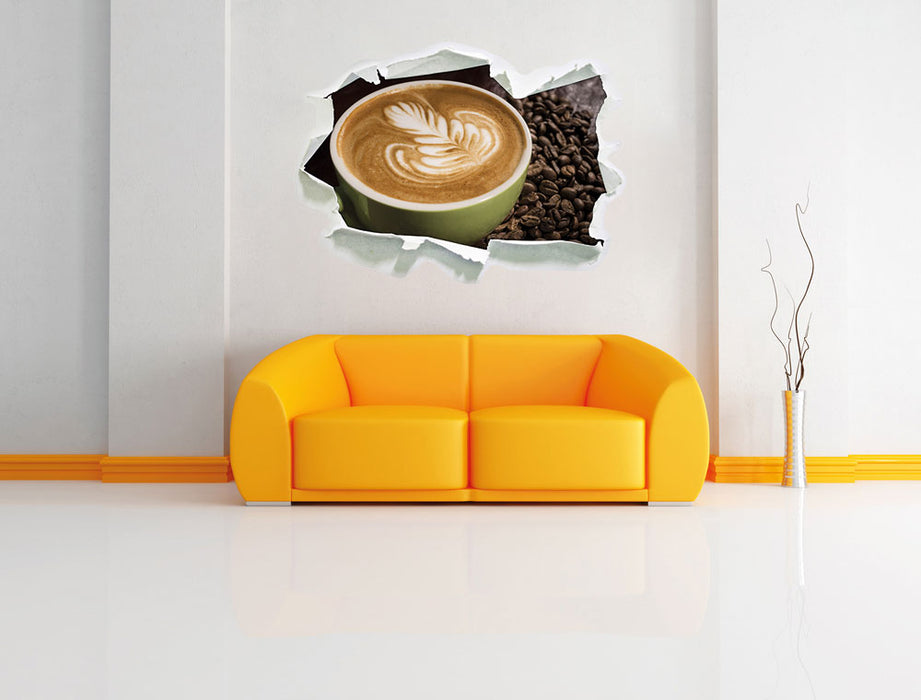 Cappucino zwischen Kaffeebohnen 3D Wandtattoo Papier Wand