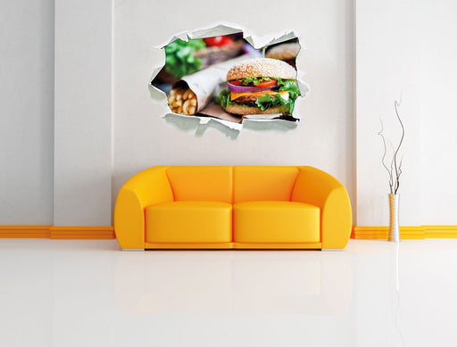 Burger und Pommes 3D Wandtattoo Papier Wand