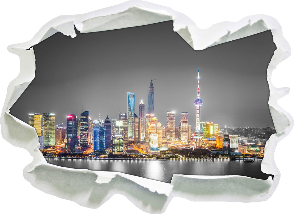 Shanghai Skyline bei Nacht 3D Wandtattoo Papier