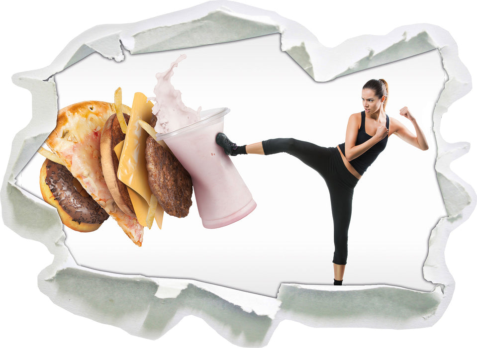 Pixxprint Frau kickt gegen Fastfood, 3D Wandtattoo