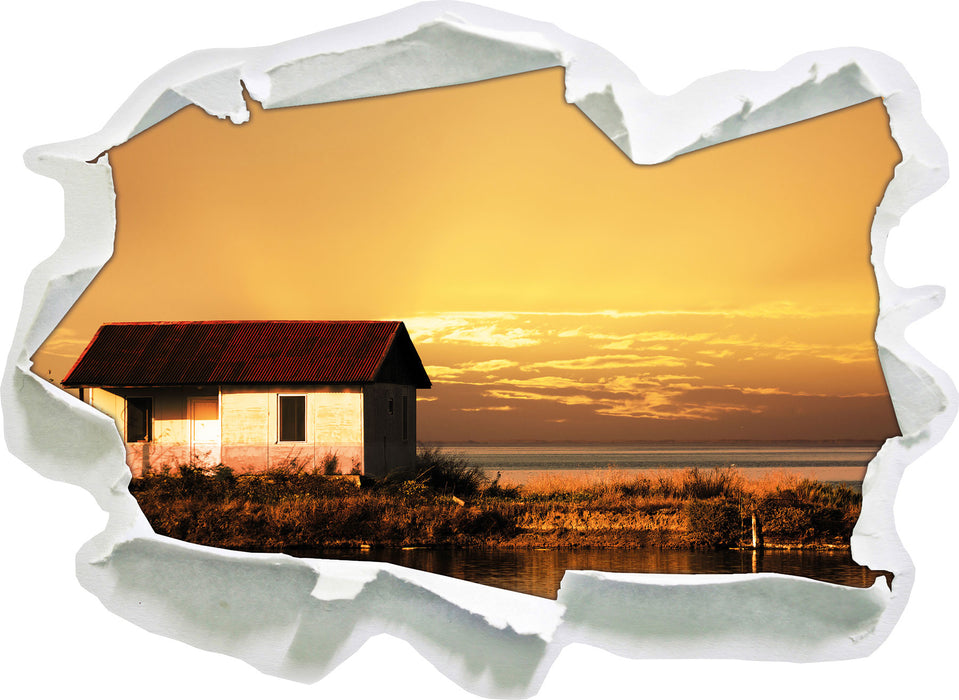 Pixxprint Haus am See bei Sonnenuntergang, 3D Wandtattoo