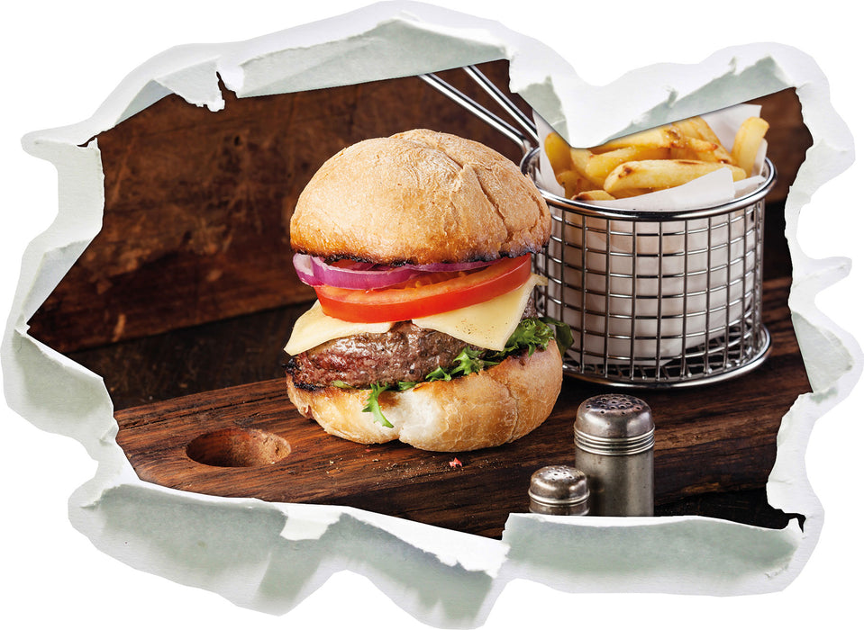 Cheesburger mit Pommes  3D Wandtattoo Papier