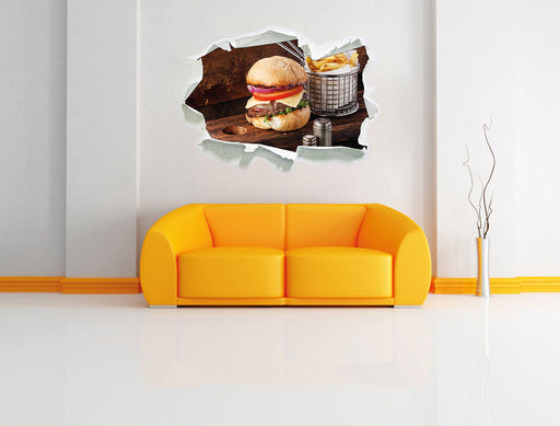 Cheesburger mit Pommes 3D Wandtattoo Papier Wand