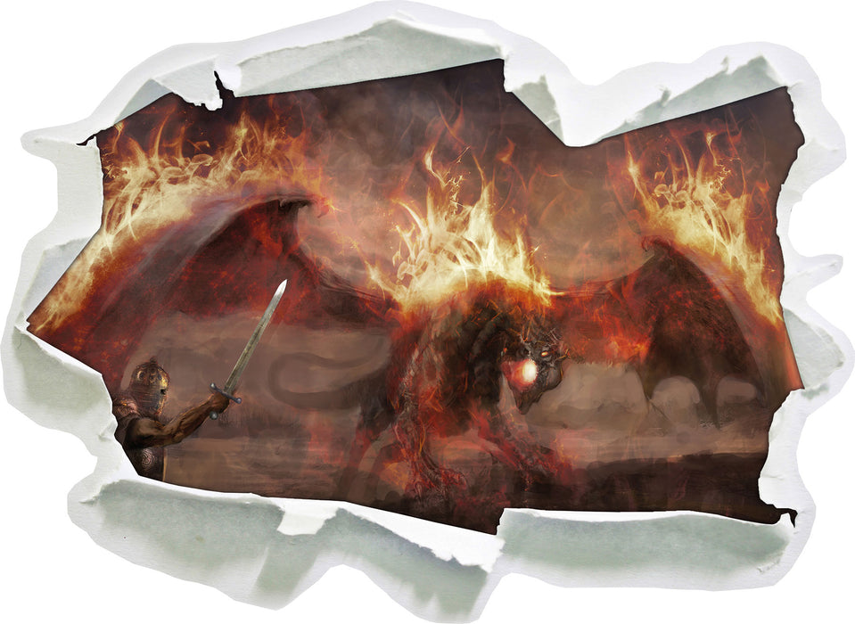 Ritter Drachen Feuer  3D Wandtattoo Papier