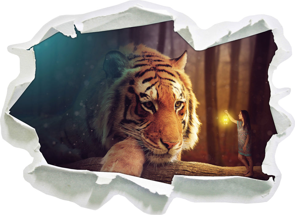 Eine Frau und ein Riesen-Tiger  3D Wandtattoo Papier