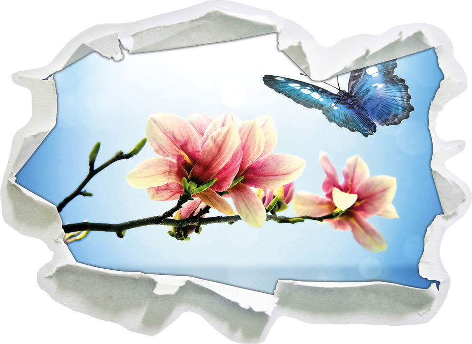 Schmetterling mit Magnolien-Blüte 3D Wandtattoo Papier