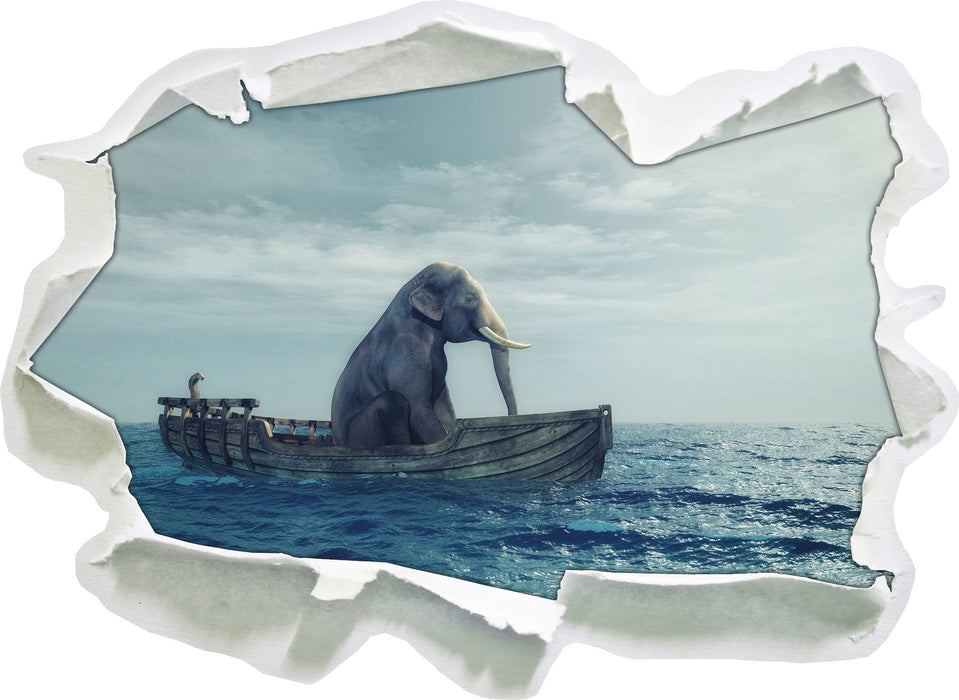 lustig sitzender Elefant im Boot 3D Wandtattoo Papier