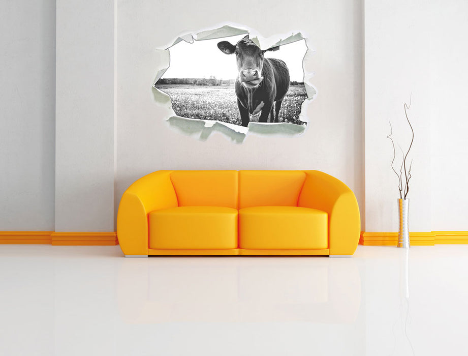 Kuh auf Wiese B&W 3D Wandtattoo Papier Wand