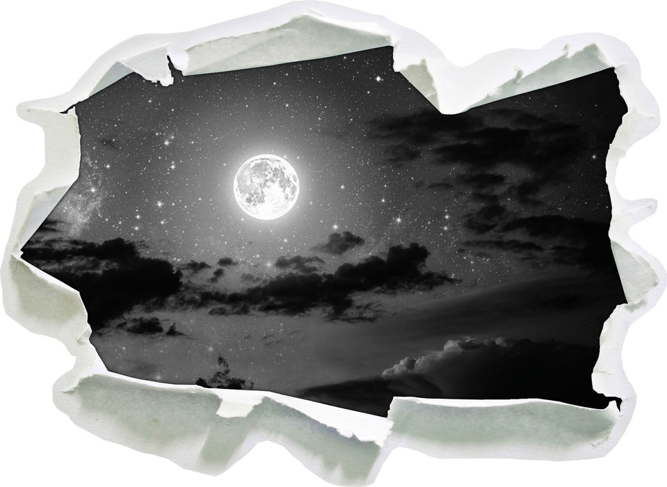 Leuchtender Mond am Nachthimmel B&W 3D Wandtattoo Papier