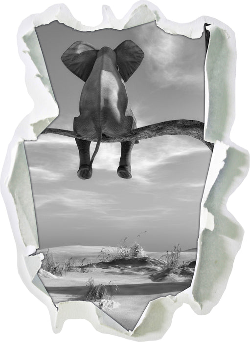 Elefant auf einem Ast in der Wüste B&W 3D Wandtattoo Papier