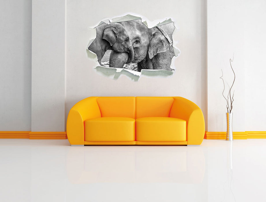 Elefantenmutter mit Kalb B&W 3D Wandtattoo Papier Wand