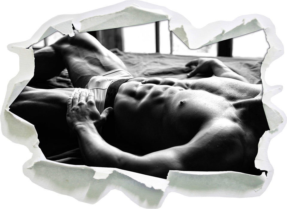 Muskulöser Mann im Bett Kunst B&W 3D Wandtattoo Papier