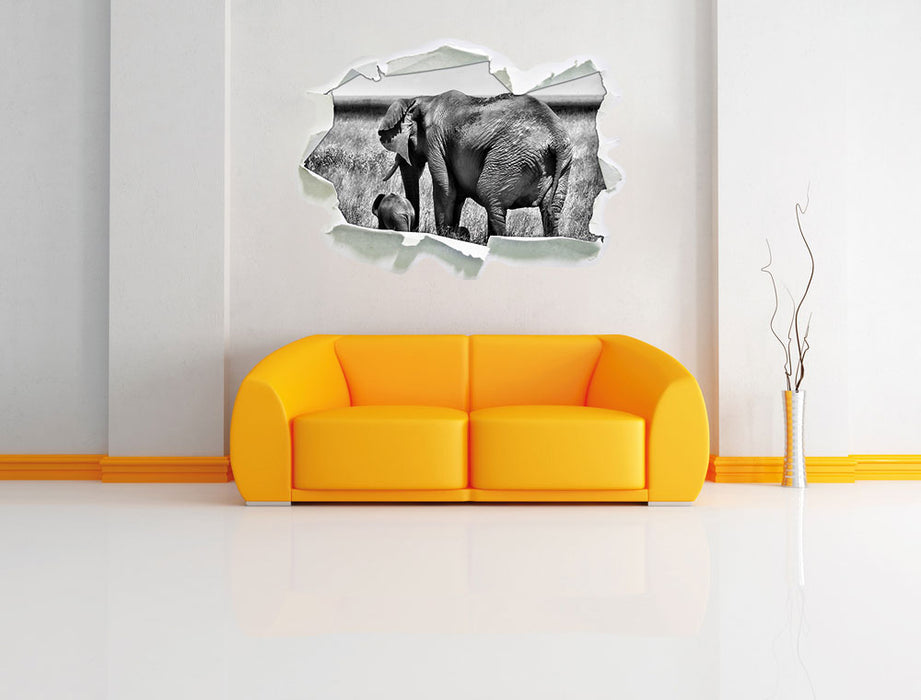 Elefantenweibchen mit Jungtier 3D Wandtattoo Papier Wand