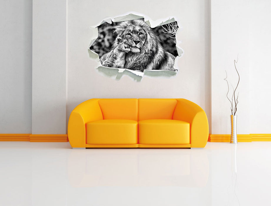 schöner Löwe mit Jungtier B&W 3D Wandtattoo Papier Wand