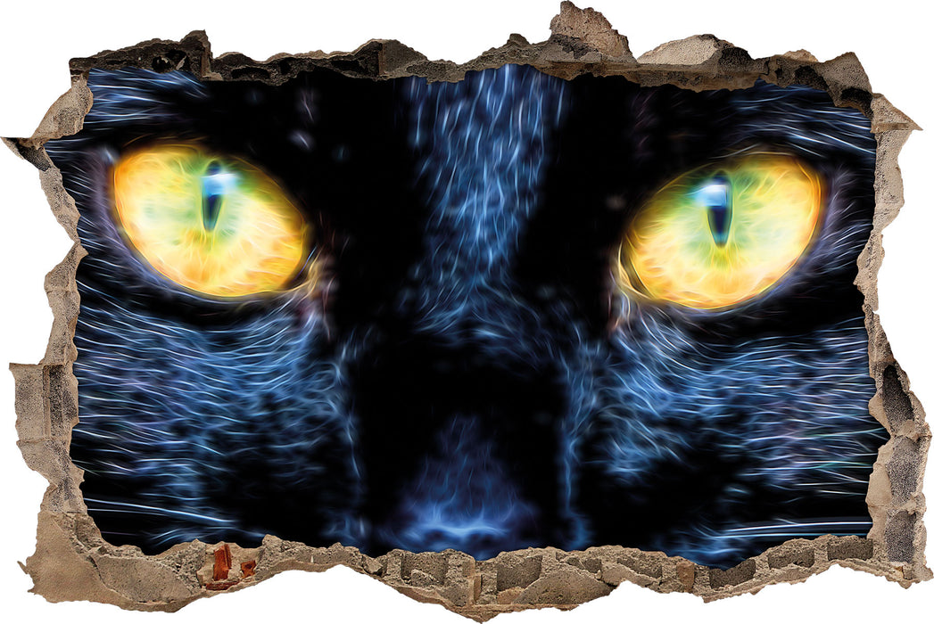 Schwarze Katze mit gelben Augen  3D Wandtattoo Wanddurchbruch
