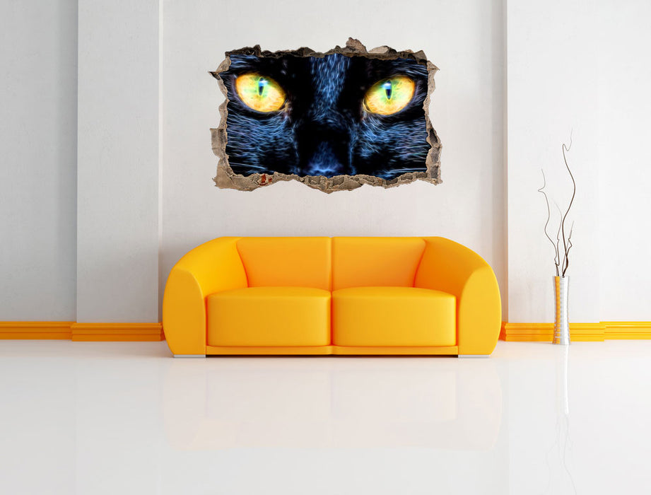 Schwarze Katze mit gelben Augen 3D Wandtattoo Wanddurchbruch Wand