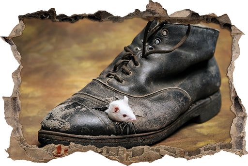 Maus in schwarzem Schuh  3D Wandtattoo Wanddurchbruch