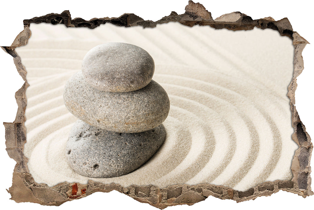 Steine in Sand mit Muster  3D Wandtattoo Wanddurchbruch