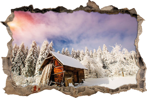 Holzhütte im Schnee  3D Wandtattoo Wanddurchbruch