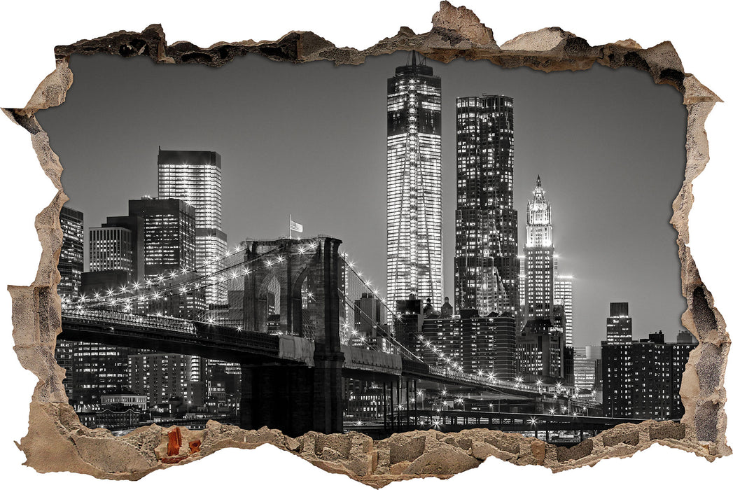 New York City Skyline bei Nacht 3D Wandtattoo Wanddurchbruch