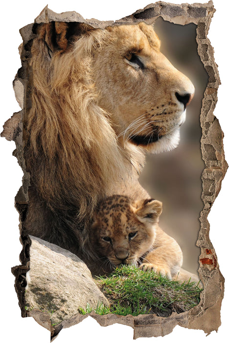 Löwe mit Löwenbaby  3D Wandtattoo Wanddurchbruch