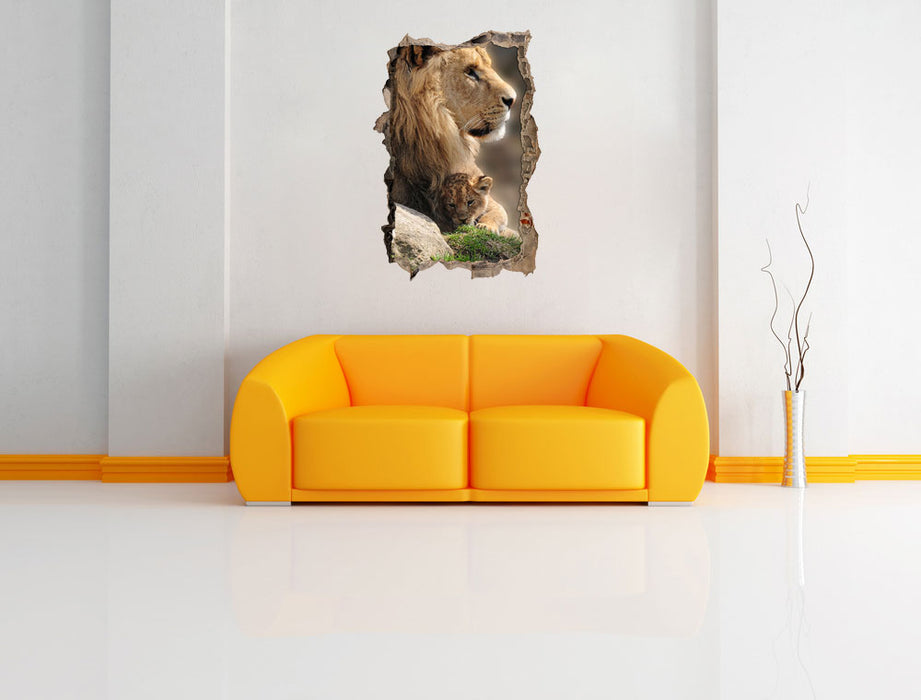 Löwe mit Löwenbaby 3D Wandtattoo Wanddurchbruch Wand