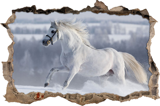 Weißes Pferd auf Schneewiese 3D Wandtattoo Wanddurchbruch
