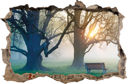 Baum und Bank im Nebel  3D Wandtattoo Wanddurchbruch