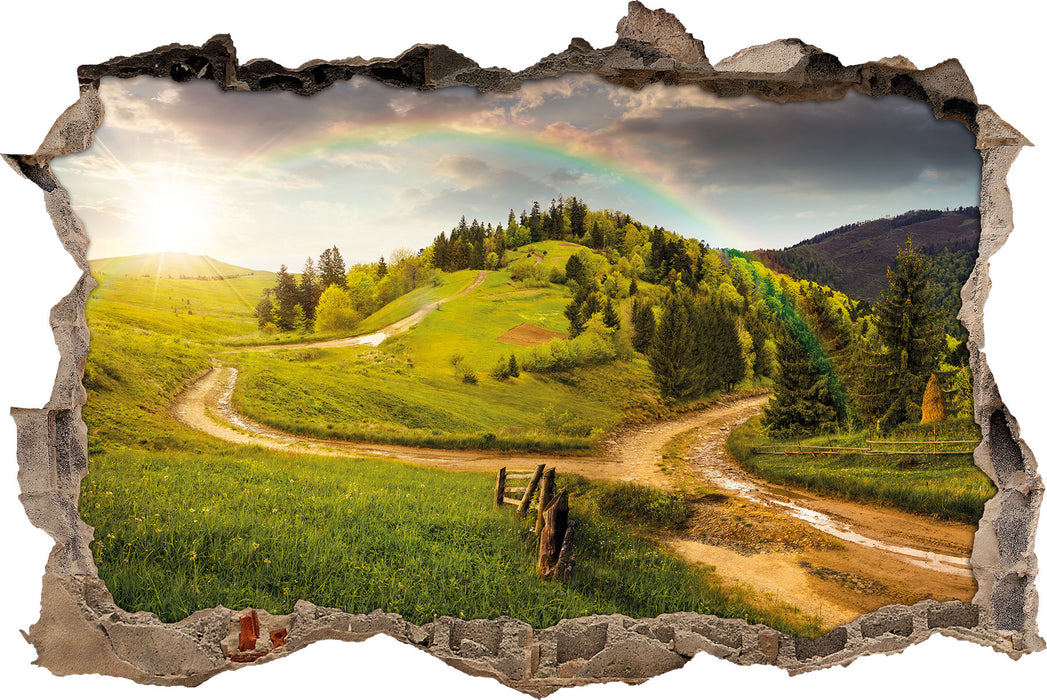 Landschaft mit Regenbogen  3D Wandtattoo Wanddurchbruch