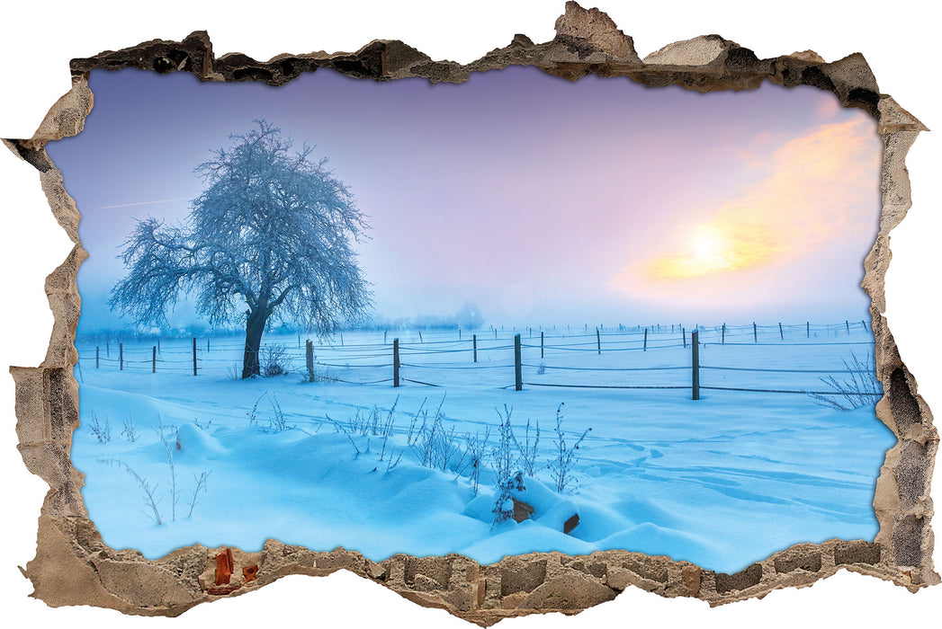 Baum in Winterlandschaft  3D Wandtattoo Wanddurchbruch