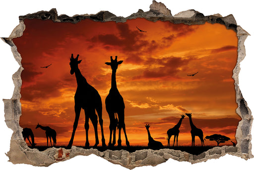 Afrika Giraffen im Sonnenuntergang  3D Wandtattoo Wanddurchbruch
