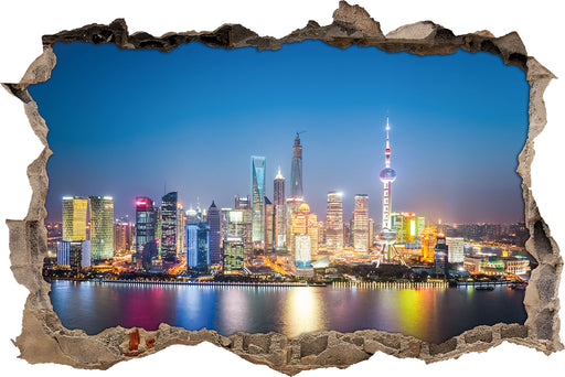 Shanghai Skyline  3D Wandtattoo Wanddurchbruch