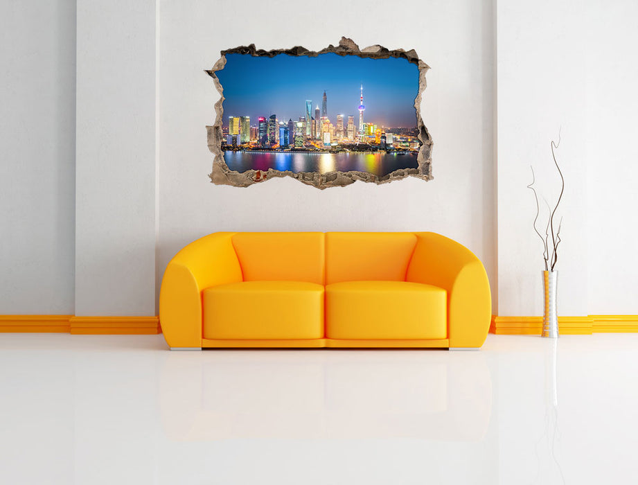 Shanghai Skyline 3D Wandtattoo Wanddurchbruch Wand