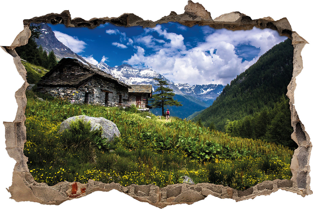 Pixxprint Wunderschöne Berghütte, 3D Wandtattoo