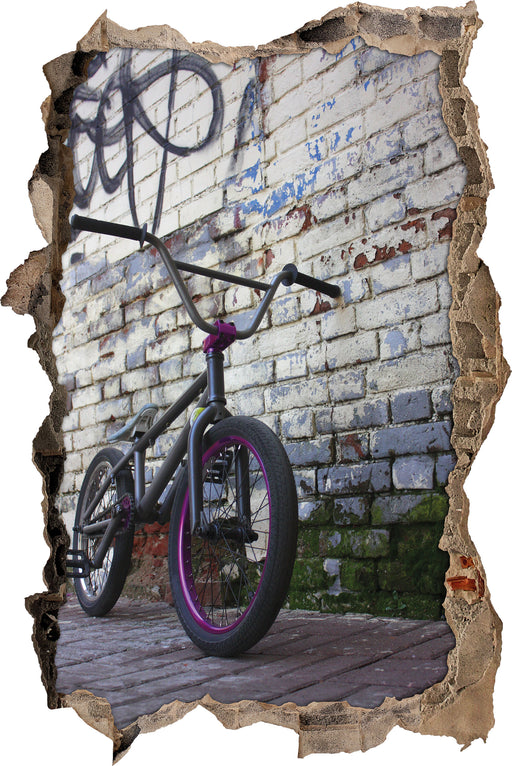 Fahrrad vor Graffitiwand  3D Wandtattoo Wanddurchbruch