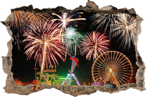 Silvester Riesenrad Feuerwerk  3D Wandtattoo Wanddurchbruch