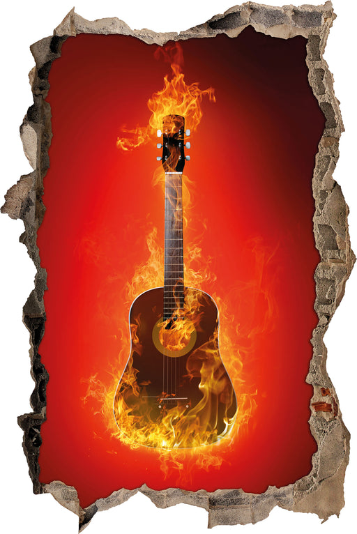 Brennende Gitarre Heiße Flammen  3D Wandtattoo Wanddurchbruch