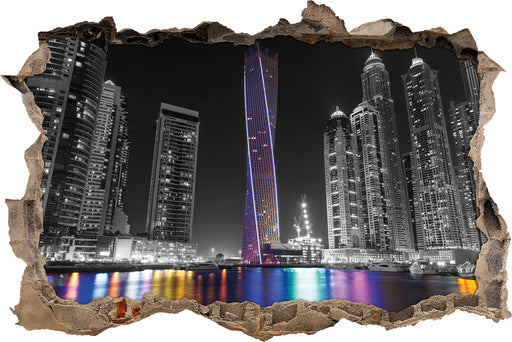 Skyline von Dubai bei Nacht 3D Wandtattoo Wanddurchbruch