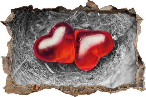 zwei Herzen in kleinem Nest 3D Wandtattoo Wanddurchbruch