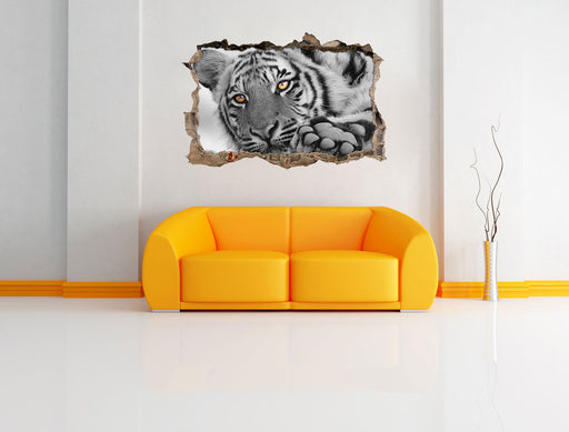 entspannter Tiger 3D Wandtattoo Wanddurchbruch Wand
