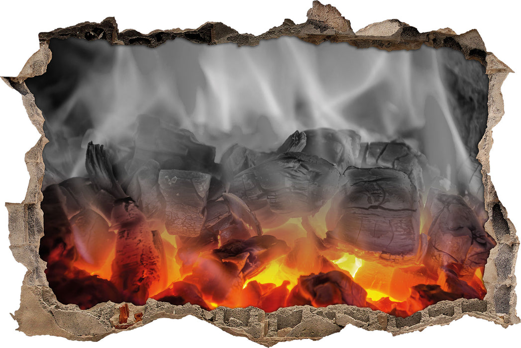 brennende Holzkohle in Kamin 3D Wandtattoo Wanddurchbruch