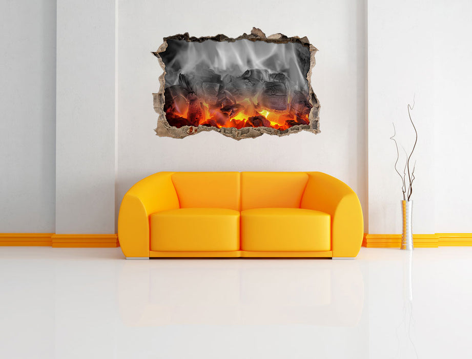 brennende Holzkohle in Kamin 3D Wandtattoo Wanddurchbruch Wand