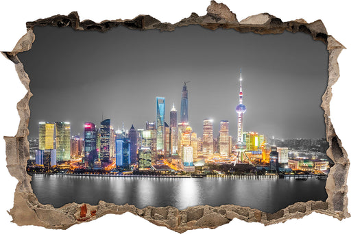 Shanghai Skyline bei Nacht 3D Wandtattoo Wanddurchbruch