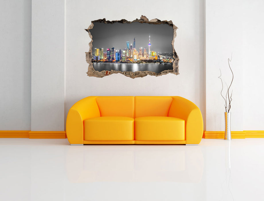 Shanghai Skyline bei Nacht 3D Wandtattoo Wanddurchbruch Wand