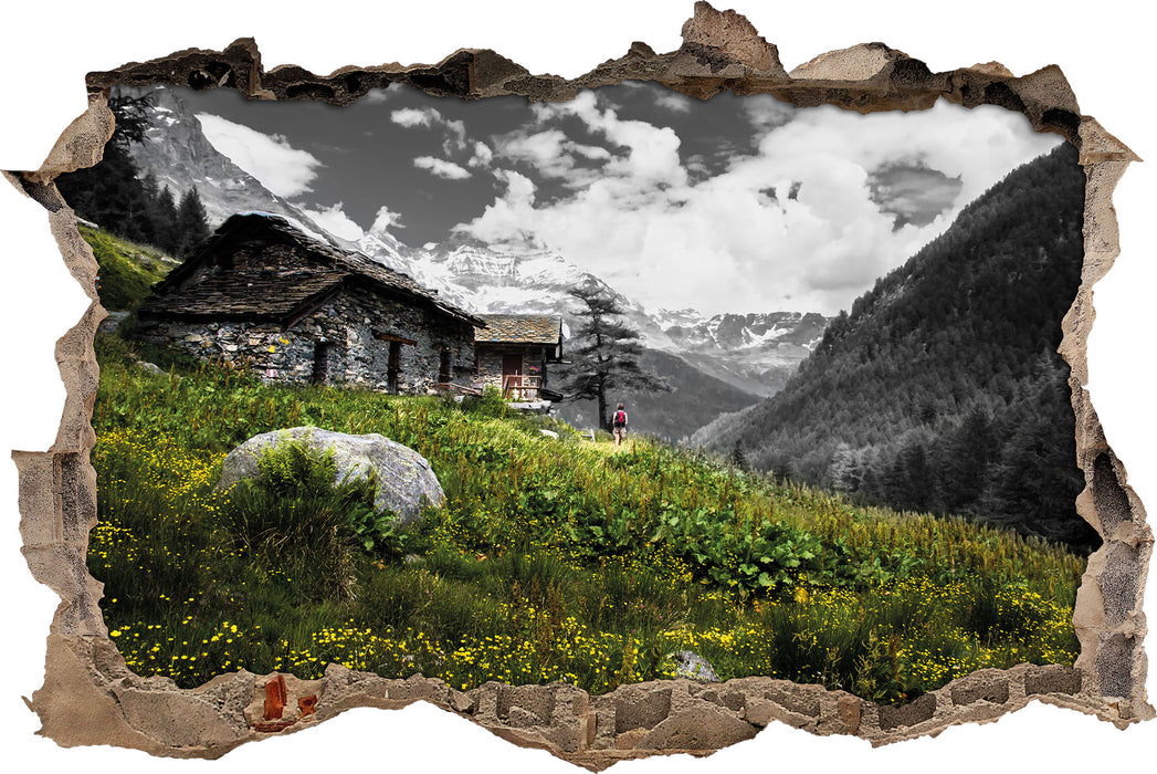 Pixxprint Steinhütte auf Berg, 3D Wandtattoo