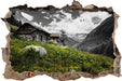 Steinhütte auf Berg 3D Wandtattoo Wanddurchbruch