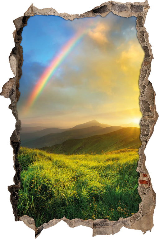 Berge mit Regenbogen am Himmel  3D Wandtattoo Wanddurchbruch
